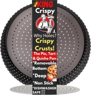 Why Holes: For The Crispiest Crusts. King Crispy's Deep Pie, Tart & Quiche Pan. A Non-Stick, Removable Bottom, Dishwasher Safe, Perforated Pie Pan Baking Plate Dish (9 inch x 2 Deep).