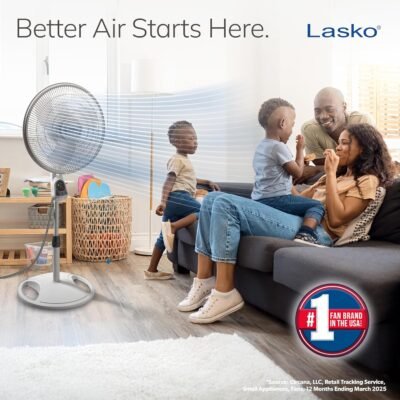 Lasko Oscillating Adjustable Pedestal Stand Fan with Timer and Remote for Indoor, Bedroom, Living Room, Home Office & College Dorm Use, 16 Inch, White, 1646