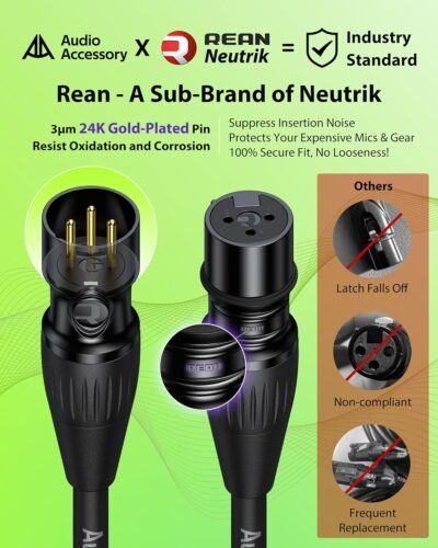 XLR Cables 10ft 2 Pack - Kevlar-Reinforced Nylon Braided - REAN Gold-Pin Connectors from NEUTRIK - AL & OFC Dual Shielded Balanced XLR Microphone Cable for Shure, Rode, Focusrite, Cloudlifter, Elgato