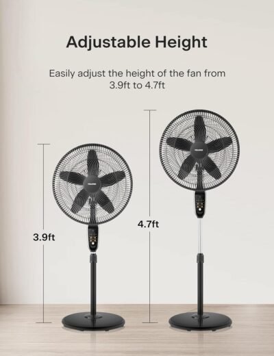PELONIS PFS45A5BBB 18 inch 5-Blade Oscillating, Adjustable Standing Pedestal Remote, LED Display, 5 Speed Setting and 7-Hour Timer Fan, Black