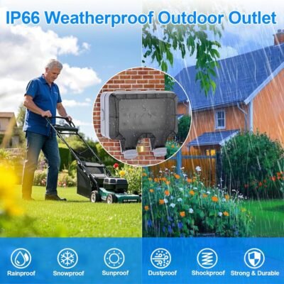 Double Outdoor Outlet with Cover Waterproof Outdside Plug Socket IP66 Weatherproof Exterior Wall Electrical Box with Switch Indicator Light Screwdriver 2-Gang Power Outlet for Wet Garden Swimming Pool