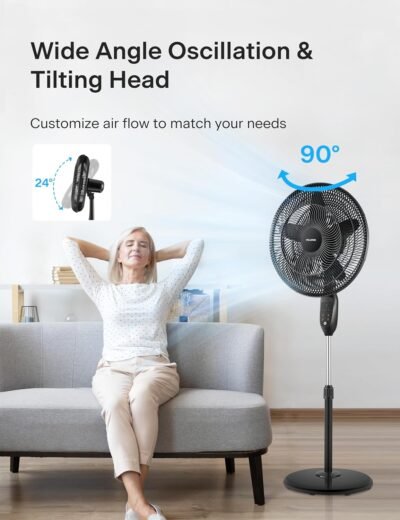 PELONIS PFS45A5BBB 18 inch 5-Blade Oscillating, Adjustable Standing Pedestal Remote, LED Display, 5 Speed Setting and 7-Hour Timer Fan, Black