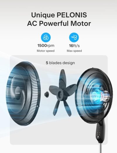 PELONIS PFS45A5BBB 18 inch 5-Blade Oscillating, Adjustable Standing Pedestal Remote, LED Display, 5 Speed Setting and 7-Hour Timer Fan, Black