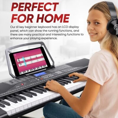 PYLE 61 Key Electric Keyboard Piano, Music Keyboard, LCD Display, Portable Design, Karaoke Function, Includes Headphones, Stand, Stool, Book Rack, Perfect for Beginners
