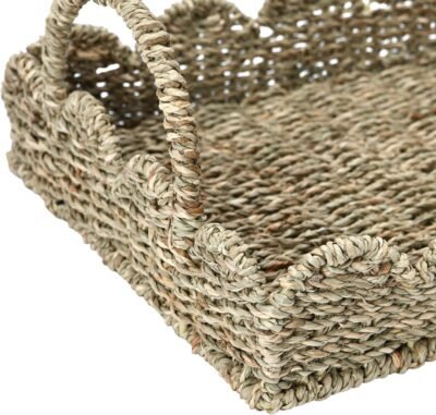 Household Essentials Handwoven Tray with Scalloped Edge and Handles, Natural