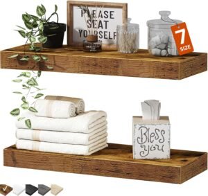 QEEIG Bathroom Floating Shelves for Wall Mounted Shelf Over Toilet Farmhouse Home Decor Display Shelving Small 16 inch Set of 2, Rustic Brown (008-40BN)