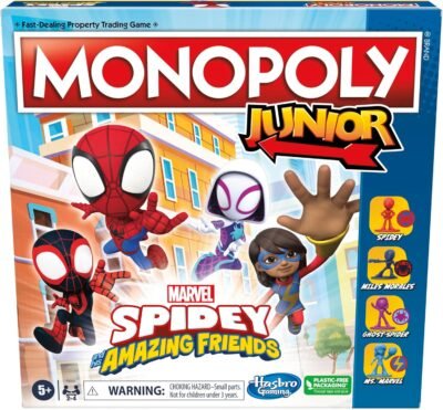 81kRPyouyuL._AC_SL1500_.jpg Monopoly Junior: Marvel Spidey and His Amazing Friends Edition Board Game for Kids Ages 5+, with Artwork from The Animated Series, Kids Board Games (Amazon Exclusive)