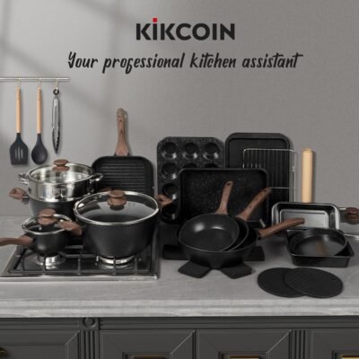 Kikcoin Pots and Pans Set Non Stick 31 Piece Kitchen Nonstick Cooking Cookware Sets with Grill Pan Saucepan Baking Sheet Utensil