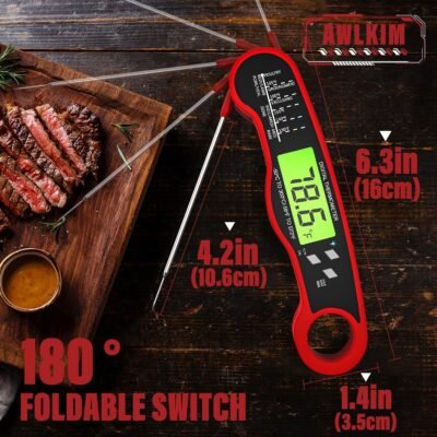 AWLKIM® Meat Thermometer Digital - Instant Read Waterproof Food Thermometer with Backlight for Cooking, Grill, Candy, Kitchen & Stocking Stuffers for Men - Red