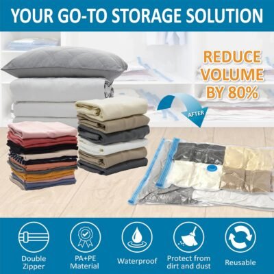 81pxtjOMIhL._AC_SL1500_.jpg 20 Pack Vacuum Storage Bags, Space Saver Bags (4 Jumbo/4 Large/4 Medium/4 Small/4 Roll) Compression for Comforters and Blankets, Sealer Clothes Storage, Hand Pump Included