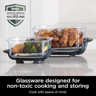 Ninja Crispi 4-in-1 Portable Glass Air Fryer Cooking System, 1500W, 4QT & 6-Cup TempWare Glass Containers with Storage Lids, Microwave, Freezer & Dishwasher Safe, Cyberspace Gray, FN101GY