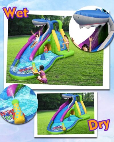 ACTION AIR Inflatable Water Slide, Shark Bounce House with Slide for Wet and Dry, Playground Sets for Kids Backyard, Water Spray & Water Pool, Durable Sewn with Extra Thick Material