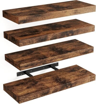 Fixwal 15.8in Floating Shelves, Rustic Wood Finish Wall Shelves Set of 4, Shelves for Wall Decor, with Invisible Brackets for Bathroom, Living Room,Bedroom and Kitchen(Rustic Brown)