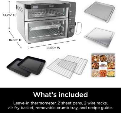 Ninja DCT451 12-in-1 Smart Double Oven with FlexDoor, Thermometer, FlavorSeal, Smart Finish, Rapid Top Convection and Air Fry Bottom , Stainless Steel