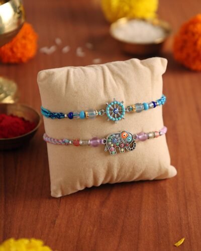 Set of 2 Rakhi for Brother – Premium Evil Eye & Elephant Rakhi Combo with Raksha Bandhan Greeting Card & Roli Chawal | Rakhi for Bhaiya & KSmall Brother | Rakhi Thread from Sister