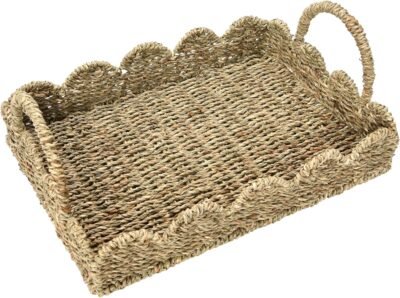 Household Essentials Handwoven Tray with Scalloped Edge and Handles, Natural