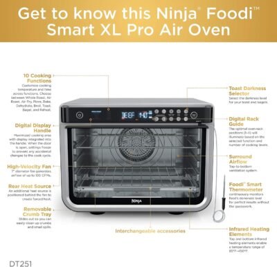 Ninja DT251 Foodi 10-in-1 Smart XL Air Fry Oven, Bake, Broil, Toast, Roast, Digital Toaster, Thermometer, True Surround Convection up to 450°F, includes 6 trays & Recipe Guide, Silver