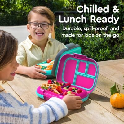 91kIuGSCkL._AC_SL1500_.jpg Bentgo Chill Kids Leak-Proof Lunch Box - 4-Compartment Bento Box with Built-In Ice Pack, 3.3 Cup Capacity, PFAS & BPA-Free, Microwave & Dishwasher Safe, Ideal Size for Ages 3 to 7 (Fuchsia/Teal)