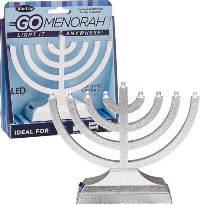Rite Lite Go Mini Metallic Electric Menorah - LED Battery/USB Powered Chanukah Jewish Holiday - Office Car Home Decorations Judaica Hanukkah Gifts, Push Button Multi Light - Silver